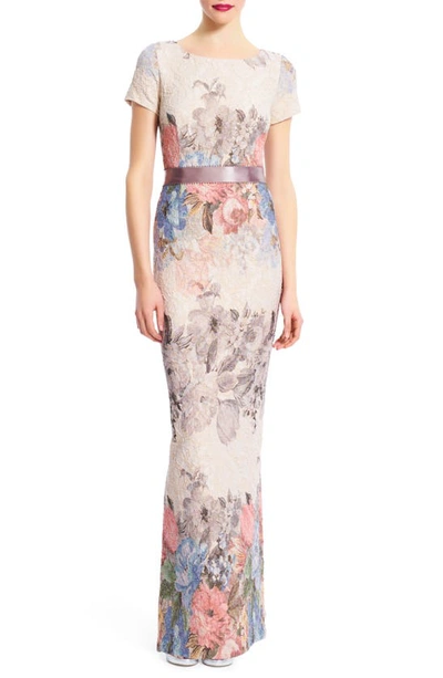 Adrianna Papell Matelassé Floral Jacquard Column Gown In Blush Multi