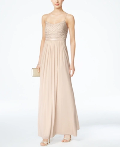 Adrianna Papell Beaded Chiffon Gown In Almond