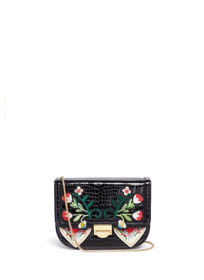 Venna Floral And Heart Patch Croc Embossed Leather Bag