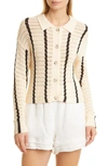 Monrow Vertical Stripe Organic Cotton Crochet Cardigan In Buttercream/black