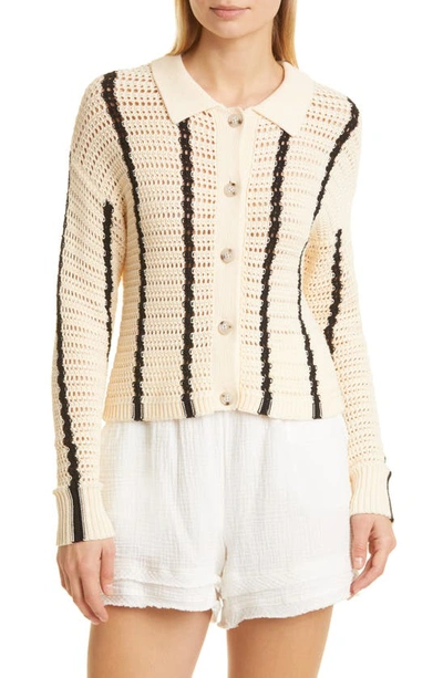 Monrow Vertical Stripe Organic Cotton Crochet Cardigan In Buttercream/ Black