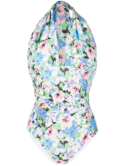 Ganni Recycled Floral Halter One-piece Swimsuit In Blue