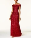 Adrianna Papell Sequined Off-the-shoulder Gown In Cranberry