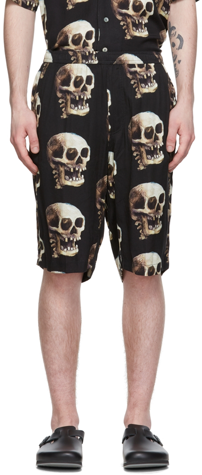 Endless Joy Skull Wide-leg Printed Tencel™-blend Twill Shorts In Black