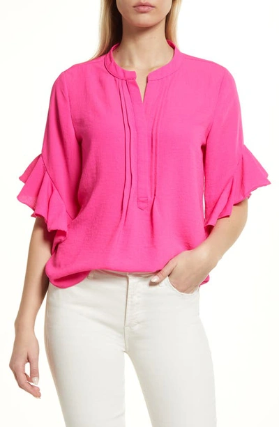 Vince Camuto Ruffle Sleeve Split Neck Blouse In Hot Pink