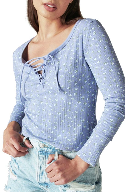Lucky Brand Ribbed Lace-up Long-sleeve Top In Blue