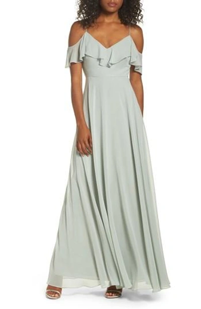 Jenny Yoo Cold Shoulder Chiffon Gown In Morning Mist