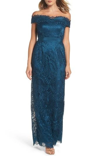 Adrianna Papell Venice Off The Shoulder Lace Gown In Peacock