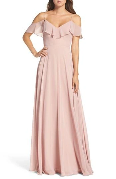Jenny Yoo Cold Shoulder Chiffon Gown In Whipped Apricot