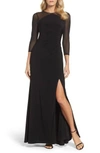 Adrianna Papell Side Draped Long Gown With Illusion Long Sleeves In Black