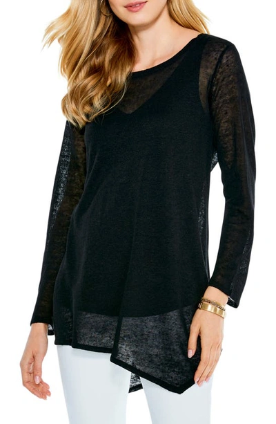 Nic + Zoe Featherweight Asymmetric Hem Linen Blend Sweater In Black Onyx