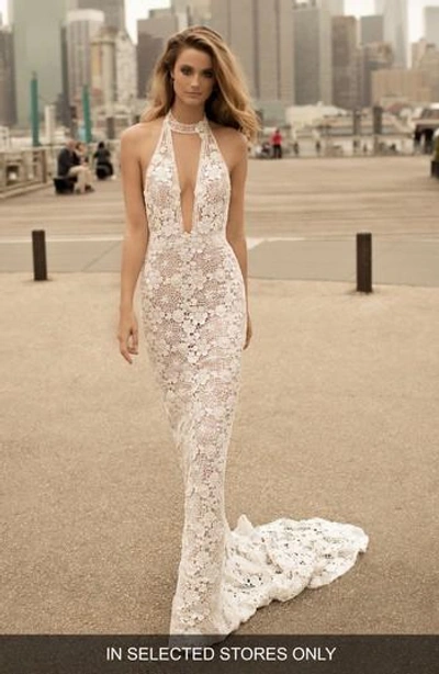 Berta Choker-neck Lace Mermaid Gown In Ivory