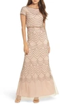 Adrianna Papell Beaded Blouson Gown In Taupe/ Pink