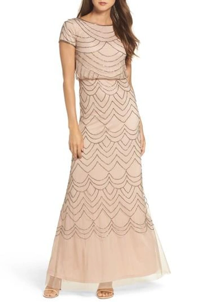 Adrianna Papell Beaded Blouson Gown In Taupe/ Pink
