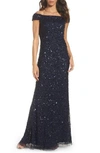 Adrianna Papell Sequin Mesh Gown In Navy