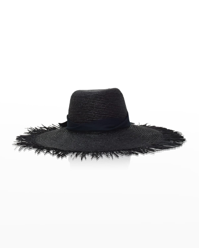 Gigi Burris Astrid Frayed Large-brim Panama Hat In Black