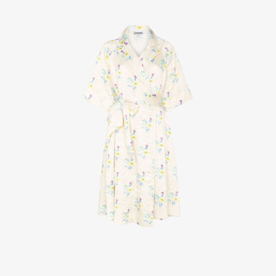 Ganni Floral Crinkle Wrap Dress In Yellow