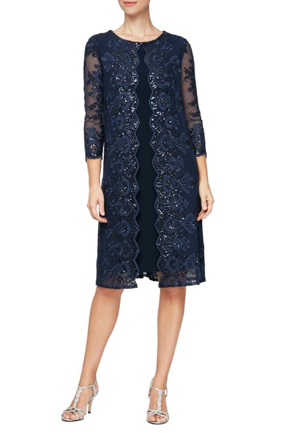 Alex Evenings Embroidered Mock Jacket Cocktail Dress In Navy