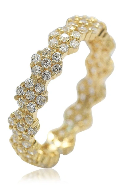 Suzy Levian Gold Plated Sterling Silver White Cz Flower Pave Eternity Band In Yellow
