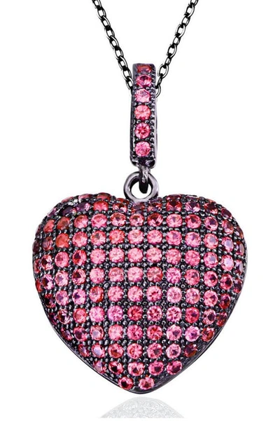 Suzy Levian Pink Cz Blackened Sterling Silver Pave Heart Pendant In Red