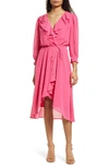 Fraiche By J Swiss Dot Faux Wrap Dress In Fuchsia