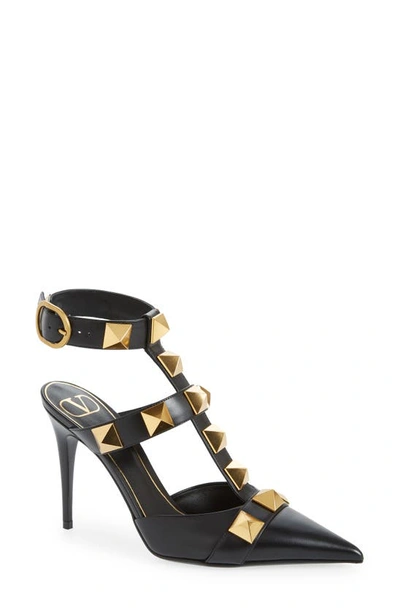 Valentino Garavani Valentino Roman Stud 80 Leather Ankle Strap Pump In Black