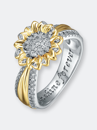 Rachel Glauber Rhodium And 14k Gold Plated Cubic Zirconia Nature Inspired Ring In Two-tone