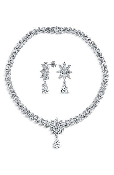 Bling Jewelry Sterling Silver Bridal Floral Cz Collar Necklace & Earrings Set In Clear