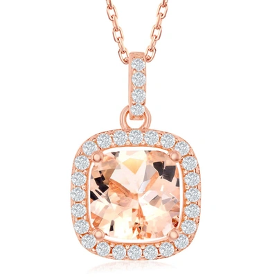 Simona Sterling Silver Square Morganite Cz With White Cz Border Pendant - Rose Gold Plated