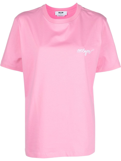 Msgm Woman Pink T-shirt With White Signature