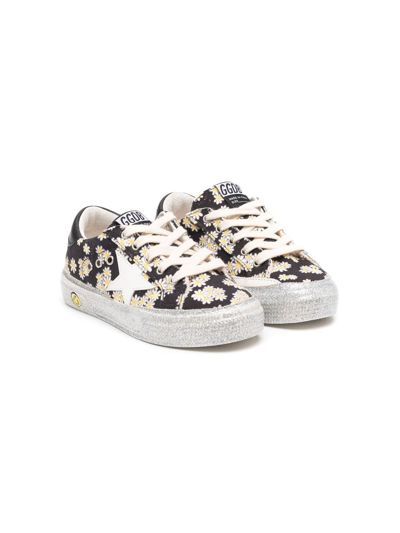 Golden Goose Babies' May Daisy-print Low-top Sneakers In Black