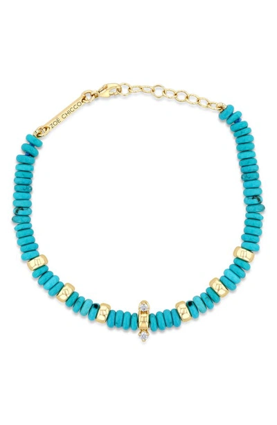 Zoë Chicco 14k Gold & Turquoise Rondelle Bead Bracelet With 2 Prong Diamonds In Blue/gold