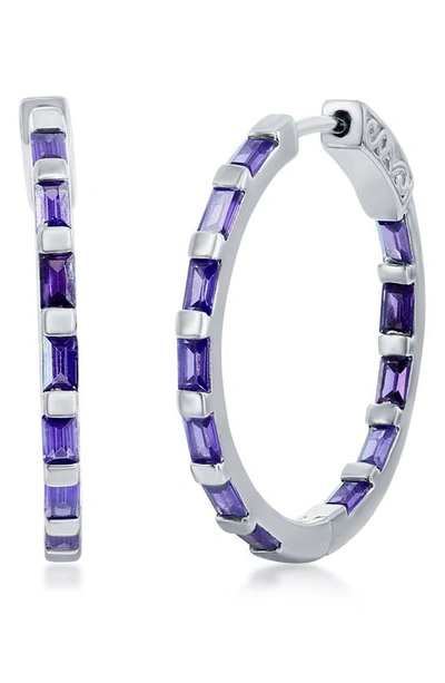 Simona Sterling Silver 25mm Cz Inside Out Hoop Earrings In Purple