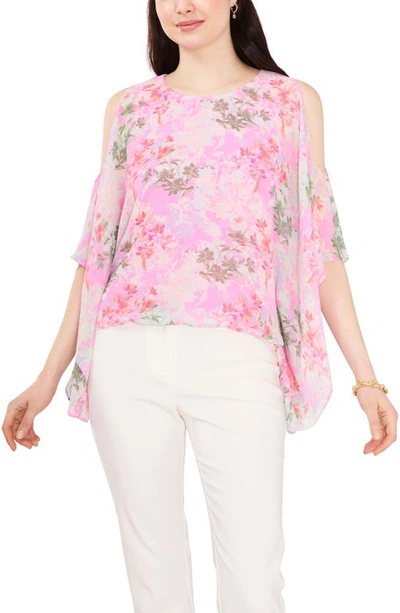 Chaus Floral Print Cold Shoulder Cape Sleeve Top In Pink Floral