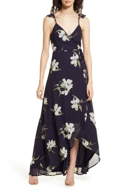 Lulus All Mine Navy Blue Floral Print High-low Wrap Dress