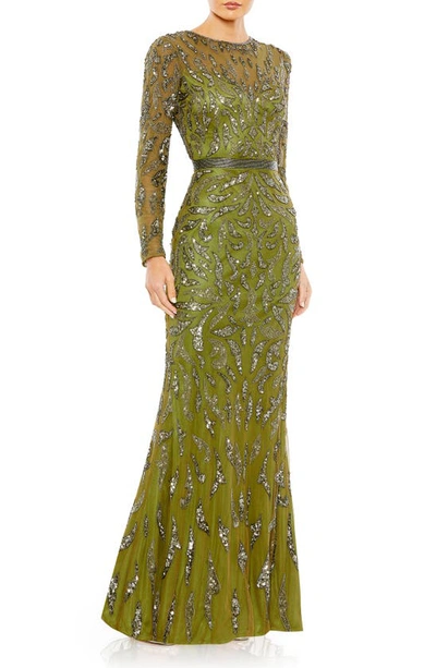 Mac Duggal Beaded Long Sleeve Evening Gown In Olive