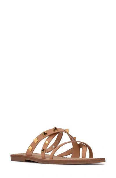 Nine West Cerri Womens Faux Leather Studded Slide Sandals In Medium Natural