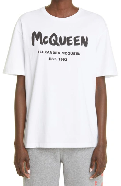 Alexander Mcqueen Unisex Graffiti Glitter Logo Cotton Graphic Tee In White/black