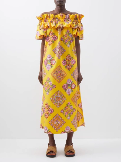 La Doublej Breakfast Floral-print Off-the-shoulder Cotton Dress In Multicoloured