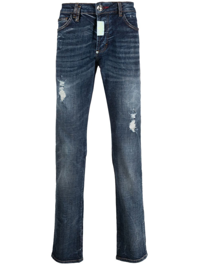 Philipp Plein Distressed Straight-cut Jeans In Blue