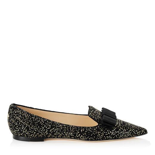 Jimmy Choo Gala Black Suede And Gold Dots Pointy Toe Flats With Bow ...