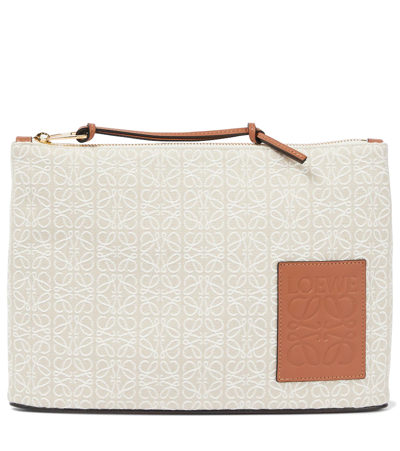 Loewe + Paula's Ibiza Leather-trimmed Canvas-jacquard Pouch In Tan