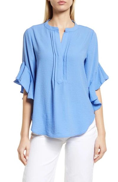 Vince Camuto Ruffle Sleeve Split Neck Blouse In Blue Jay