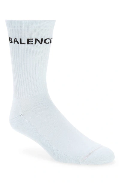 Balenciaga Logo Crew Socks In Light Blue/ Black