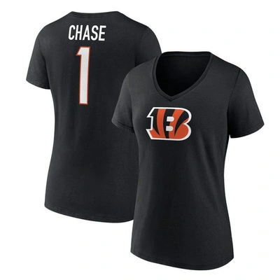 Fanatics Women's  Ja'marr Chase Black Cincinnati Bengals Player Icon Name And Number V-neck T-shirt