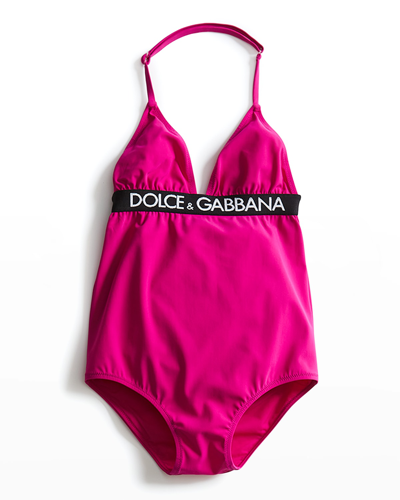 Dolce & Gabbana Kids' Girl's Logo Tape One-piece Swimsuit In Pink