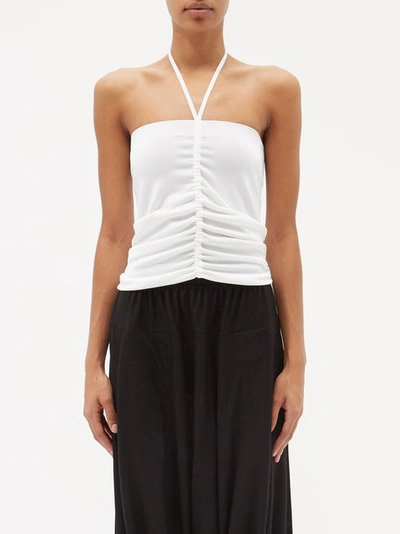 Loewe + Paula's Ibiza Cropped Ruched Knitted Halterneck Top In White