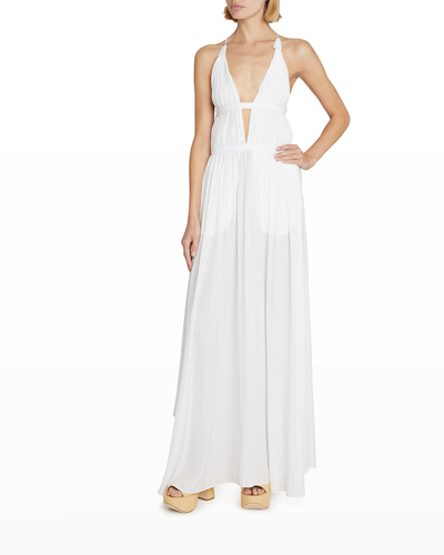 Loewe X Paula's Ibiza Plunging Pleated Strappy Maxi Dress In White