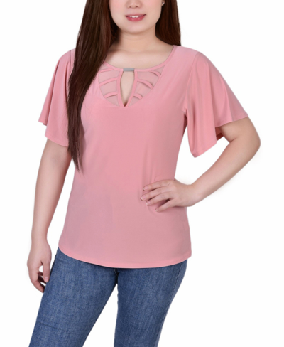 Ny Collection Petite Mesh Flutter Sleeve Knit Top In Mellow Rose