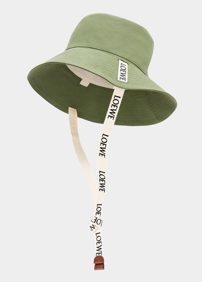 Loewe Paula's Ibiza Leather-trimmed Cotton-canvas Bucket Hat In Green